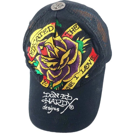 Ed Hardy Black Snapback Trucker Hat Dedicated To The One I Love Embroidered Logo - Picture 1 of 6
